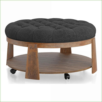 NFusion Ottoman Transitional Style Deep Button Tufted Linen-Like Seat with Open Shelf Natural Tone/Dark Gray | Wood Frame | Walnut Brown