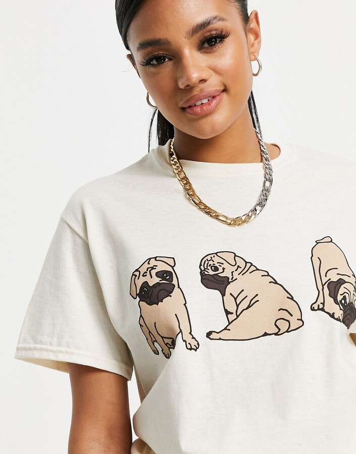 New Love Club oversized t-shirt with pug print in beige - ShopStyle