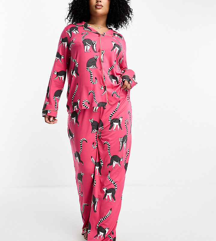 Chelsea Peers Exclusive Curve jersey lemur print button top and pants  pajama set in hot pink - ShopStyle