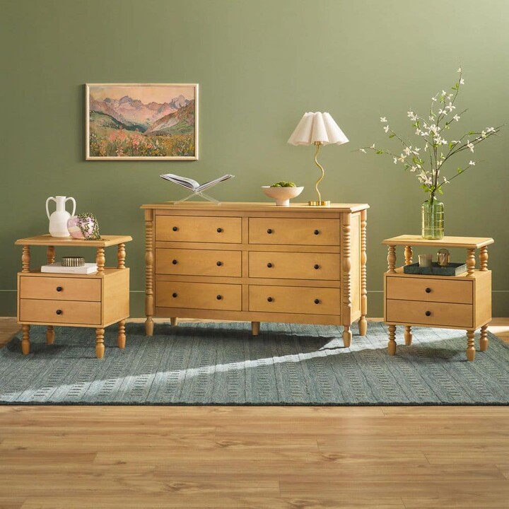 Walker Edison Furniture Company Modern Farmhouse Easy Assembly 3-Piece Solid Wood Natural 2-drawer 22 in. Nightstands and 6-drawer 54 in. Dresser Set