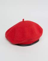Thumbnail for your product : ASOS DESIGN Wool Beret In Red With Leather Look Bound Edge