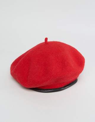 ASOS DESIGN Wool Beret In Red With Leather Look Bound Edge