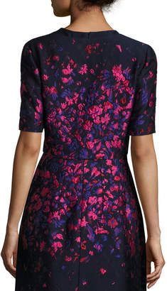 Oscar de la Renta Floral-Embroidered Half-Sleeve Cropped Jacket, Navy/Hot Pink