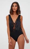 Thumbnail for your product : PrettyLittleThing Black Lace Insert Plunge Thong Bodysuit