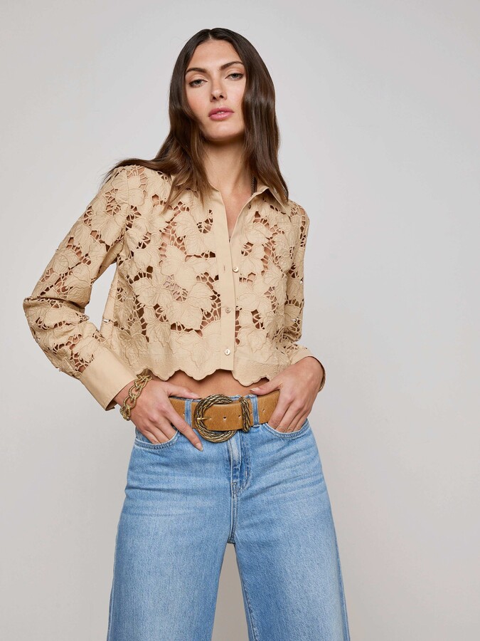 L'Agence Seychelle Cropped Eyelet Blouse Top