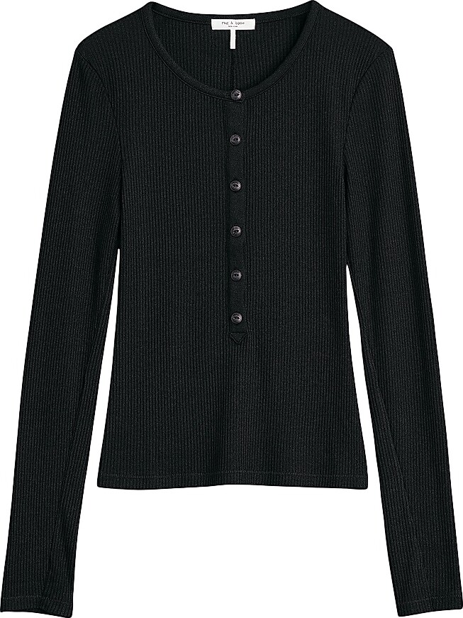 Rag & Bone Women's Rib-Knit Henley Shirt - Black - Size XXS