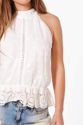 boohoo Petite Lucy Halterneck Broderie Anglaise Top