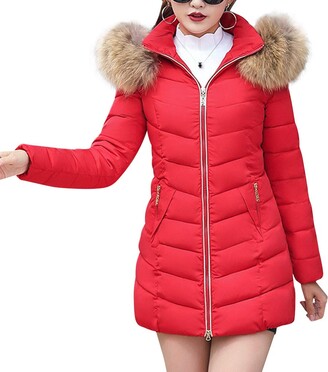 red womens parka with fur hood