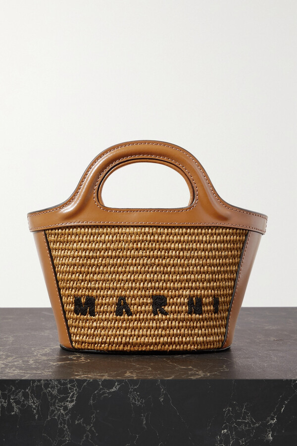 Marni Tropicalia Micro Embroidered Leather-trimmed Raffia Tote - Brown