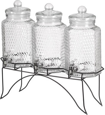 Basicwise 3-piece Glass Drink Dispenser Set With Metal Stand And Stainless Steel Spigot - Beverage Dispensers For Lemonade, Juice, Water, Iced Tea, An
