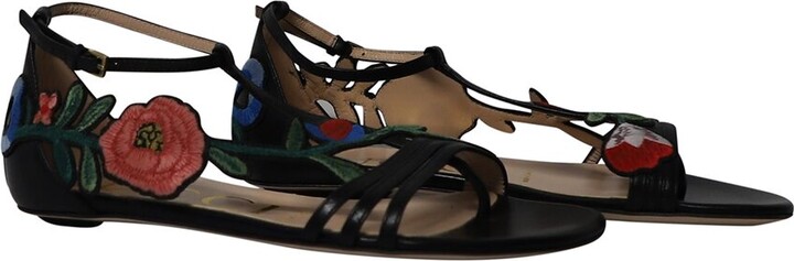 Gucci Women's Leather Ophelia Floral-Embroidered Flat Sandal (Authentic Pre- Loved)