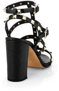 Valentino Rockstud Leather T-Strap Block Heel Sandals