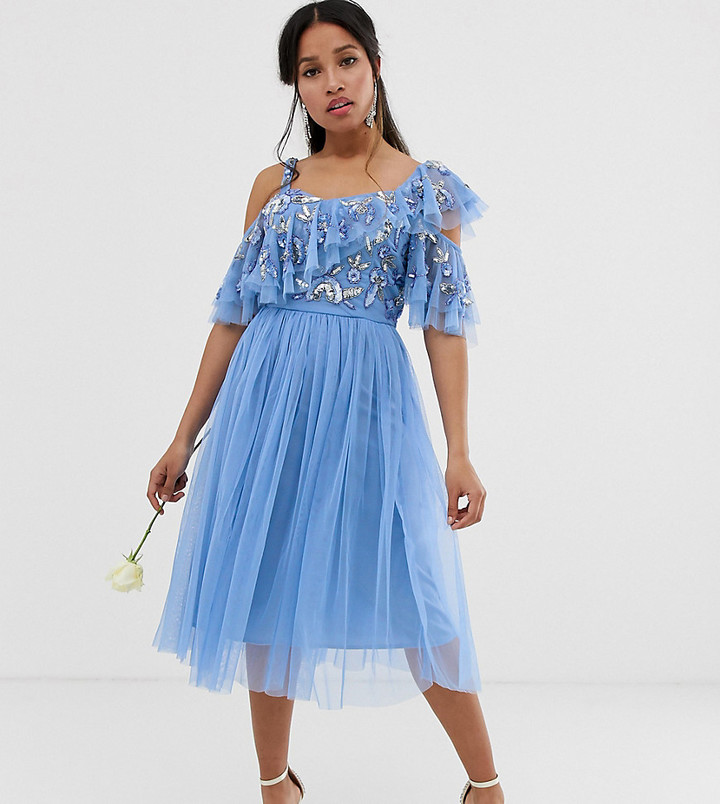 maya delicate sequin bodice maxi dress with cross back bow detail in bluebell