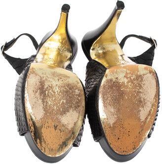 Gina Black Python Embossed Leather Peep Toe Platform Slingback Sandals Size 38.5