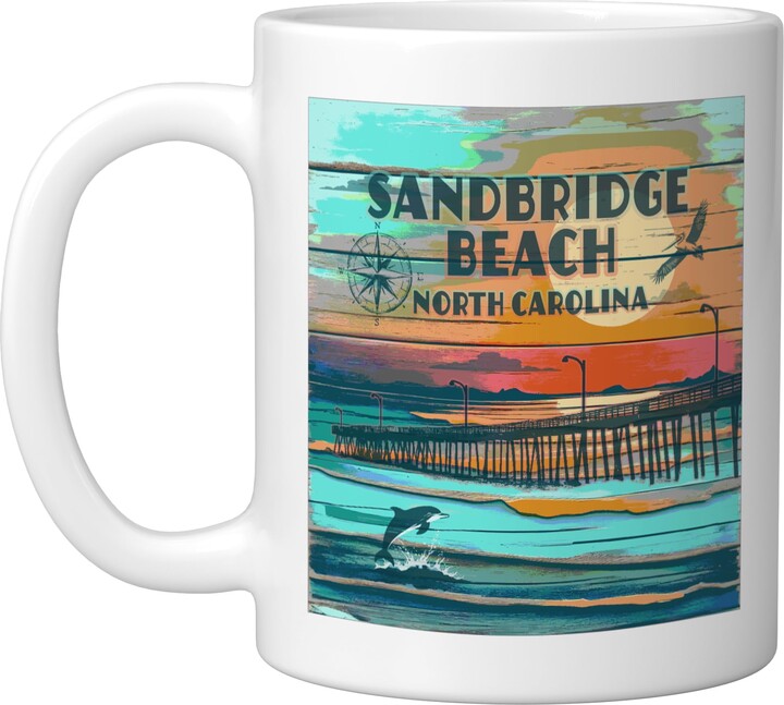 Sandbridge Beach Virginia Beach Rustic Coastal Art Sandbridge Beach Virginia Rustic Coastal Beach Nautical Pier Ceramic Mug, White
