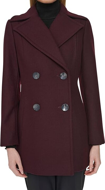 Cole Haan Fine Wool Twill D/B Peacot Women's Coat Wine : 4, Polyester/Twill/Wool