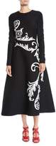 Thumbnail for your product : Oscar de la Renta Jewel-Neck Long-Sleeve Scroll-Embroidered Stretch-Wool Tea-Length Dress