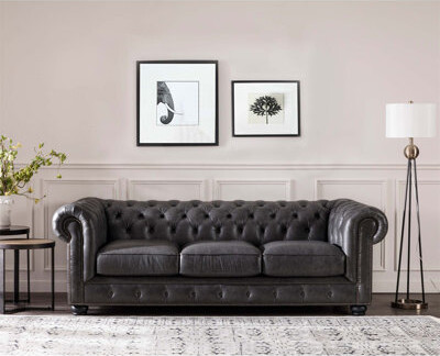 Canora Grey Traditional Tufted Leather Chesterfield Nailhead Sofa with Corner - Blocked Frames, Feather - Down Cushions, and Solid Wood Legs for Timeless Luxury