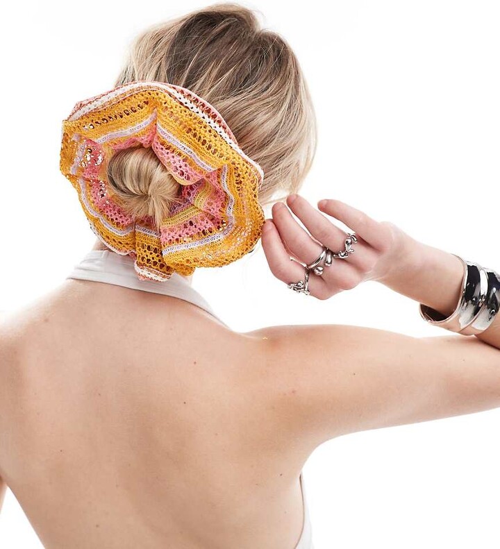 DesignB London crochet stripe hair scrunchie in orange ShopStyle