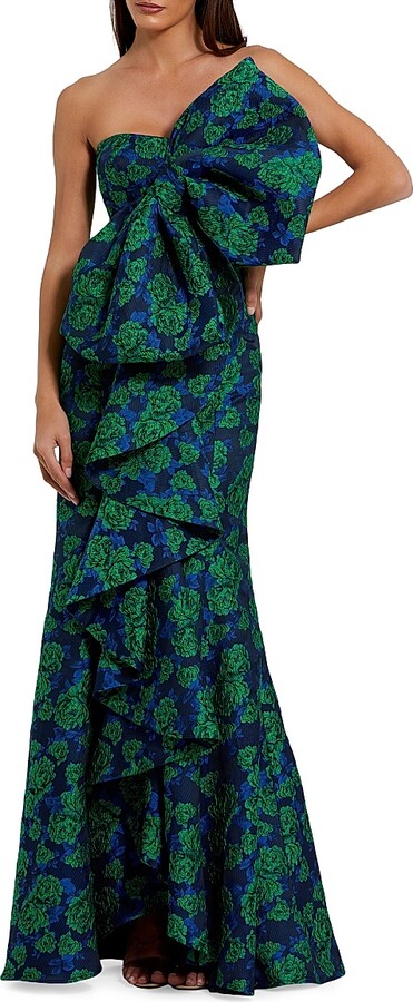 Women's Bow-Detail Floral Brocade Strapless Gown - Emerald Multi - Size 4