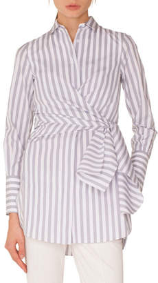 Akris Punto Long-Sleeve Button-Down Wrap-Waist Striped Tunic Blouse