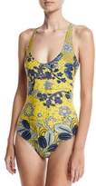 Thumbnail for your product : Fuzzi Antique Floral Cross-Back One-Piece Swimsuit, Yellow