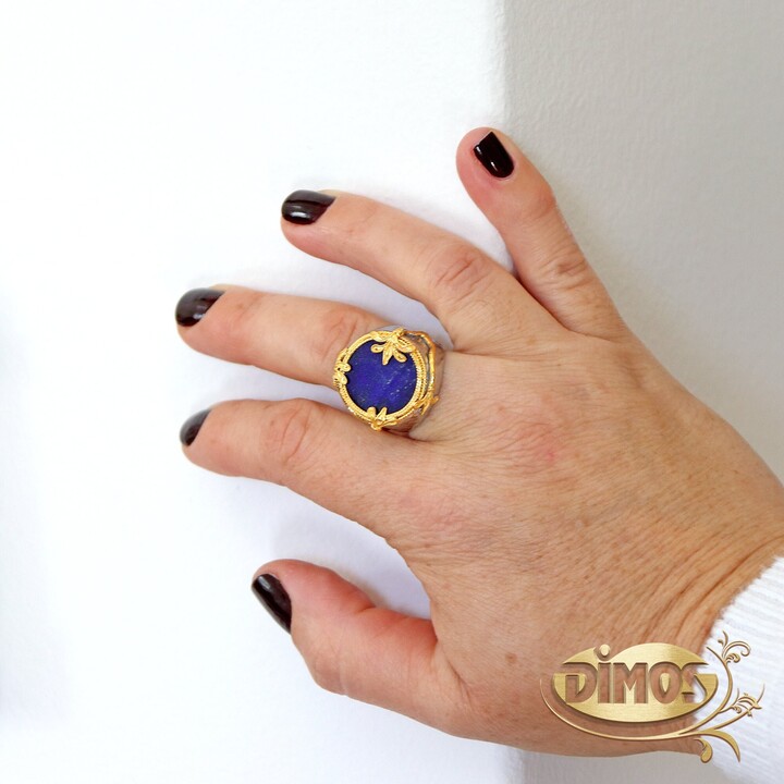 Handmade Lapis Lazuli Ring Sterling Silver & 18K Gold Acanthus