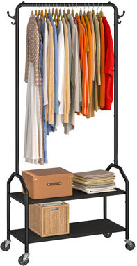 Clothes Rack For Hanging Clothes With Bottom Shelves Rolling Clothing Racks 2" Industrial Wheels,Double Bottom Shelf,Black