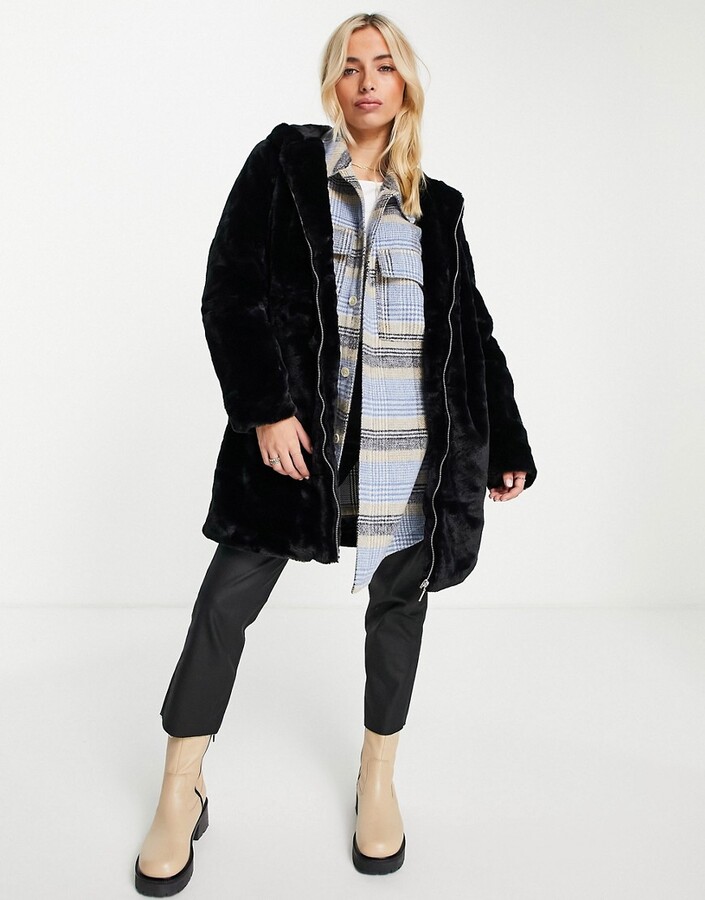 New Look hooded zip up faux fur coat in black ShopStyle