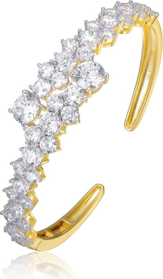 Genevive Sterling Silver 14K Gold Plated Cubic Zirconia Bypass Bangle Bracelet.