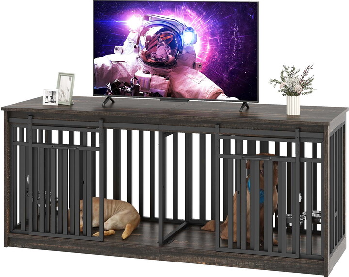 Uforic 71-Inch Farmhouse TV Stand for TVs up to 65",Heavy Duty Dog Crate Furniture with 4 Dog Bowl - Black