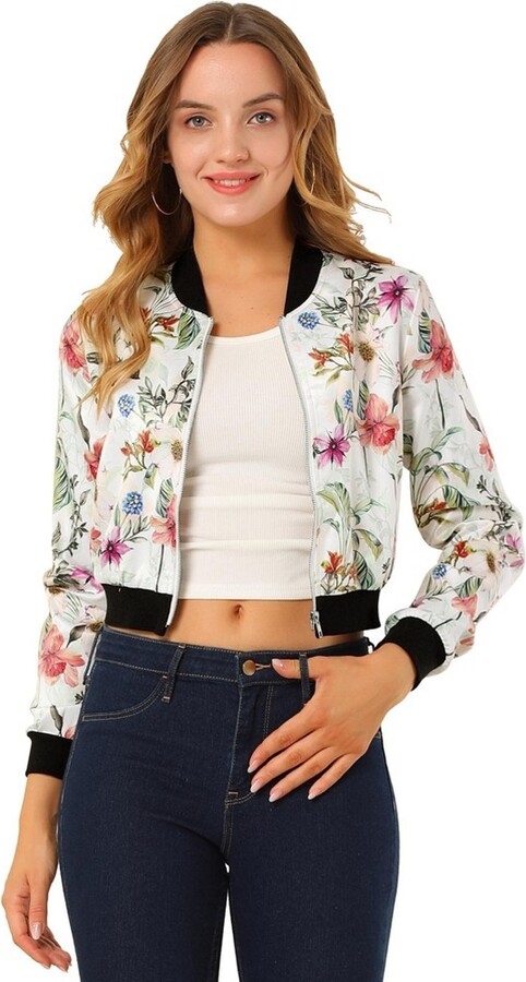 Allegra K Women's Floral Print Stand Collar Zip Up Cropped Bomber Jacket  White XL - ShopStyle