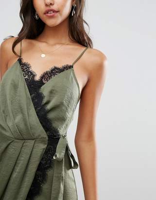 ASOS Hammered Satin Lace Trim Cami Sexy Wrap Midi Dress