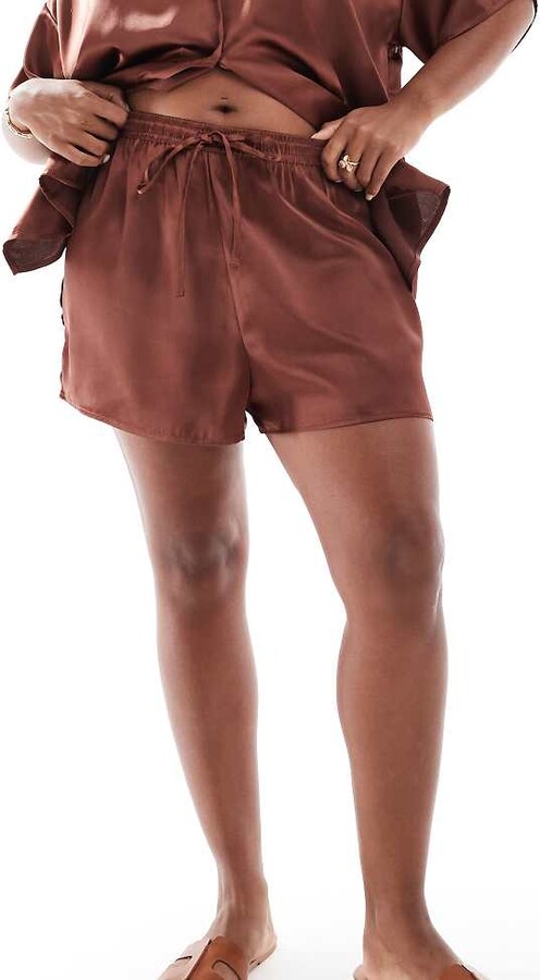 ASOS Curve ASOS DESIGN Curve satin shorts in brown - part of a set