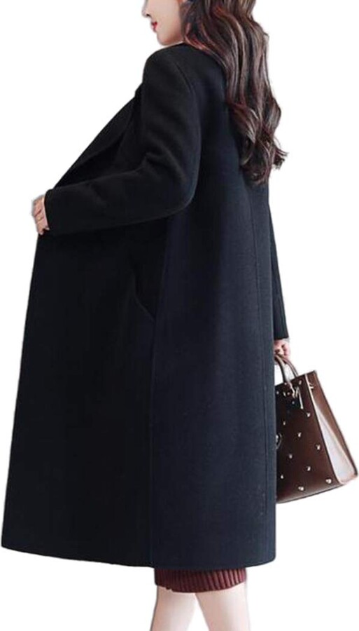 HANMAX Women's Long Wool Pea Coat Single Breasted Warm Lapel Overcoat