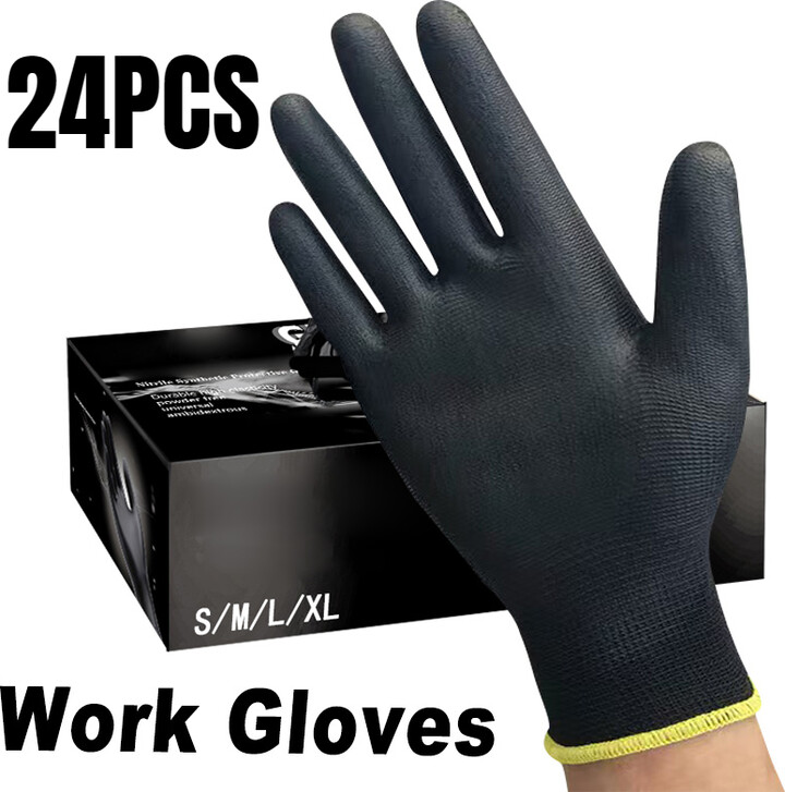 24PCS Black Nylon Gloves Anti-static Durable Elastic PU Coated Palm Gloves Construction Automotive Maintenance Work Supplies