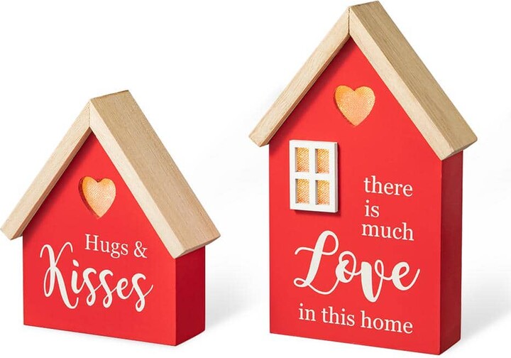 8.50 in. H Valentine's Lighted Wooden House-shaped Table Decor（Set of 2）