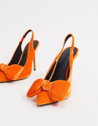 ASOS DESIGN Wide Fit Pheebs slingback stiletto heels with bow in orange velvet