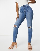 Thumbnail for your product : NA-KD cotton high waist ripped skinny jeans in mid blue - MBLUE