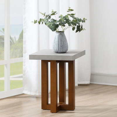 Hokku Designs End Table Faux Concrete Top & Walnut Finish