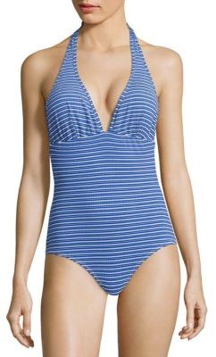 Shoshanna Marine Eyelet Striped Halter One-Piece Swimsuit