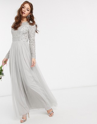 Maya Bridesmaid long sleeve v back maxi tulle dress with tonal delicate sequin in silver
