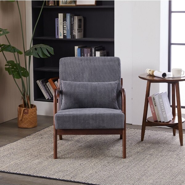 PAGEDMid-CenturyModernAccentChairLivingRoomChairswithPillowUpholsteredReadingChairwithWoodFrameforLivingRoom,DarkGray+Brown