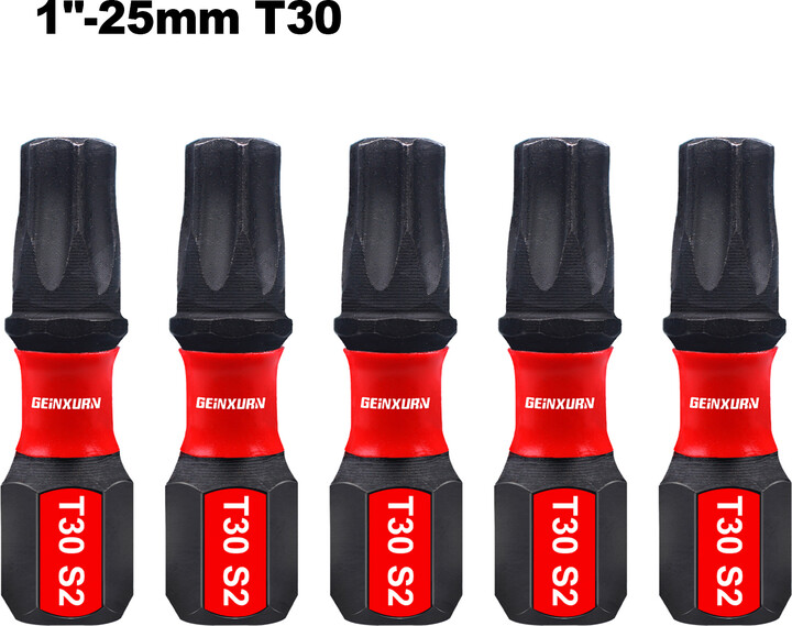 Geinxurn 1 In. Impact Tough Magnetic Power Bit Set,Torx Head Power Bits,S2 Alloy Steel Star T30 Screwdriver Bits Set