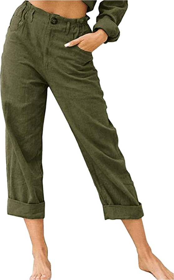 BOIYI Pants for Women Casual Summer Solid Color High Waist Buttons
