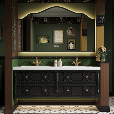Rebrilliant Double-basin French retro style bathroom cabinet