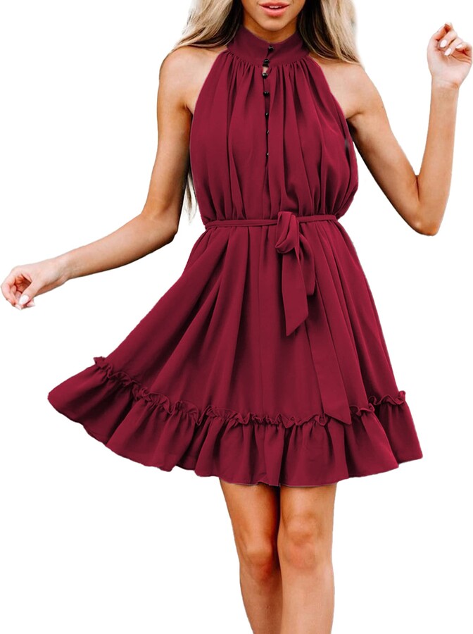 Casual Summer Dress for Women,O-Neck Sleeveless Solid A-Line Tank Dress Cocktail Party Prom Swing Flowy Ruffle Dress 