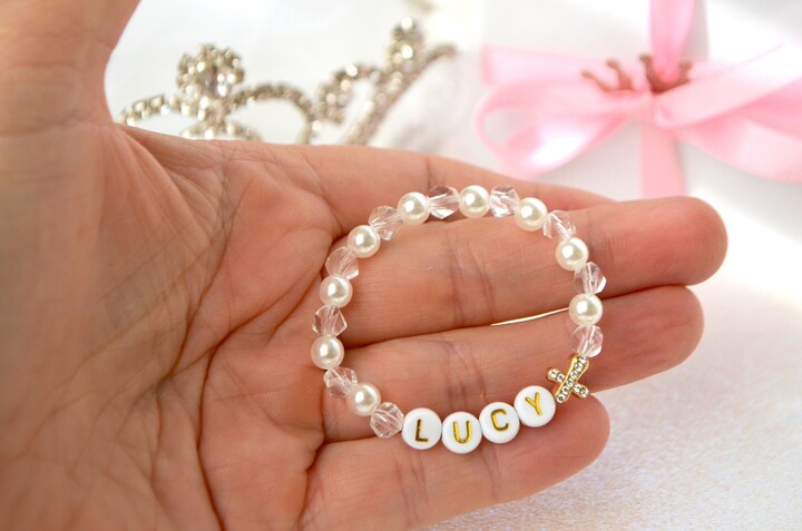 Etsy Pearl Crystal Sparkle Cross Girls Bracelet, Personalized Baby Baptism Gift, Shower First Communion, Newborn Toddler