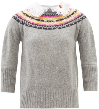 LA FETICHE Twigs Broderie-anglaise And Wool Fair Isle Sweater - Grey Multi