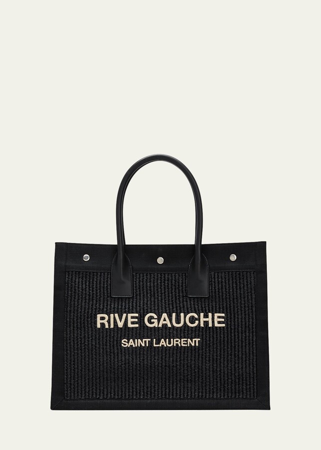 Saint Laurent Rive Gauche Small Leather And Canvas-trimmed Embroidered  Raffia Tote in Black
